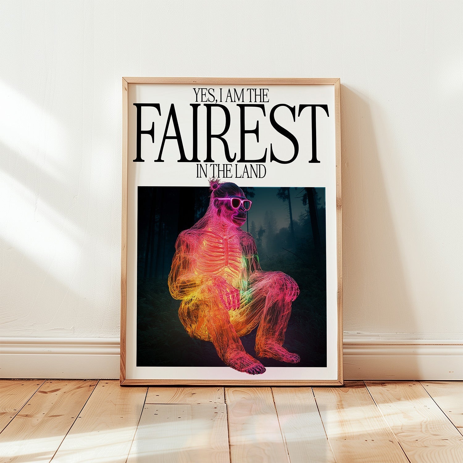 Vivid gorilla wall art print with 'Yes, I am the Fairest in the Land' text, playful animal-themed decor