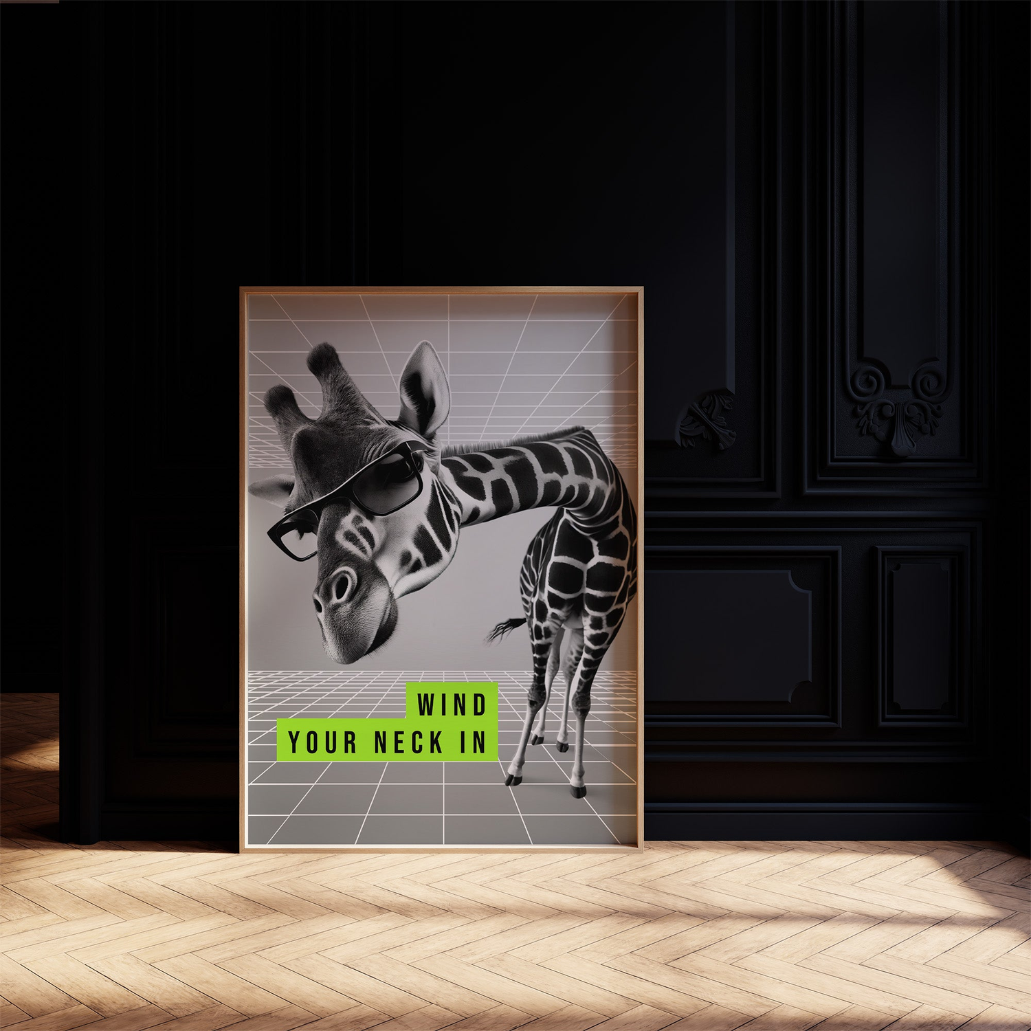 Funny giraffe wall art print saying 'Wind Your Neck In', quirky animal decor with British humour